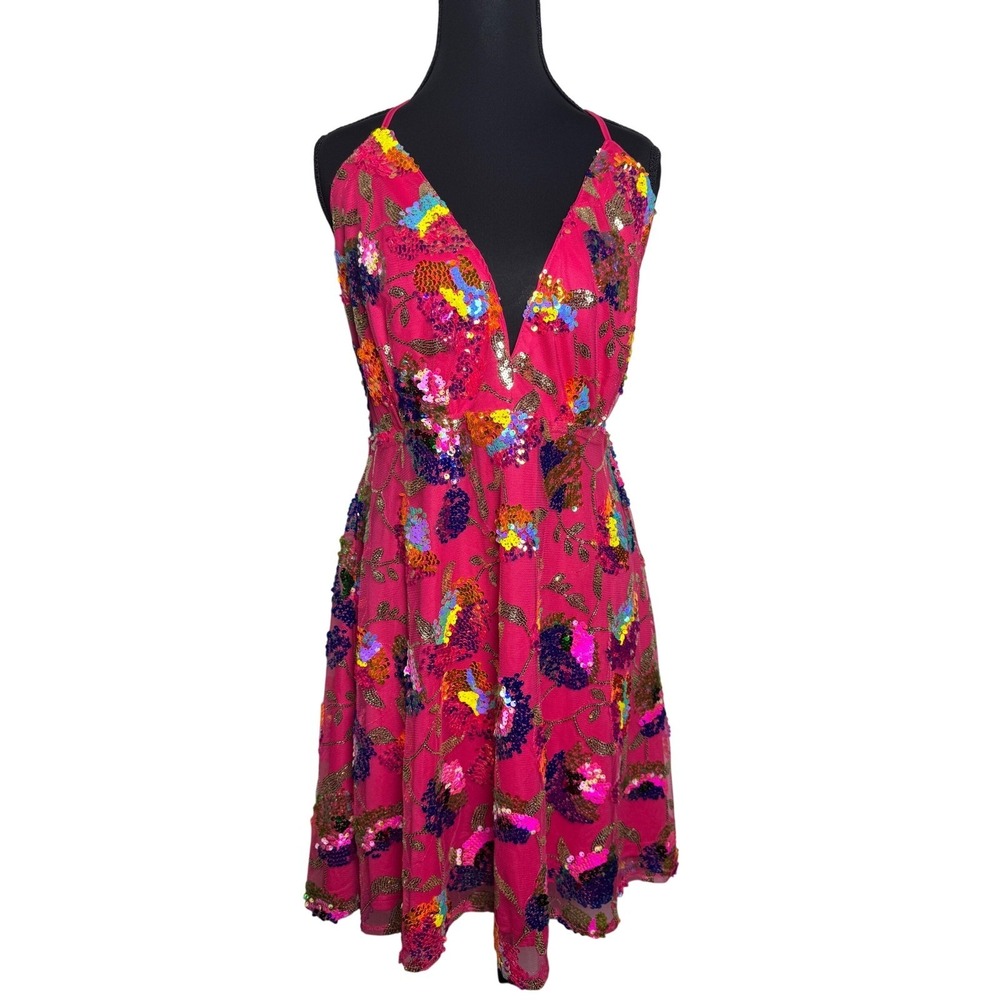 Southern Fried Chics Pink Floral Sequin Mesh Mini Dress XL NWT Cocktail Party